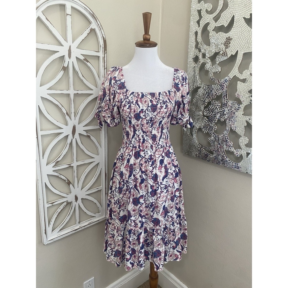 Sunday Mi Amor SMALL Floral Print Smocked Tiered Short Sleeve Dress Cottagecore
